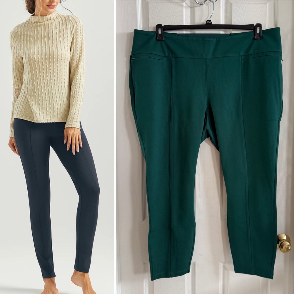 Betabrand Power Down Dress Pant Yoga Pants Skinny Leg Green Pintuck 3X Plus Size